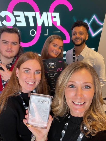 Chaser team members Joey Cleary, Amaya Woods, Katan Patel, Inga Schibsted and Krissie Chapleo at the Fintech Awards ceremony in London.